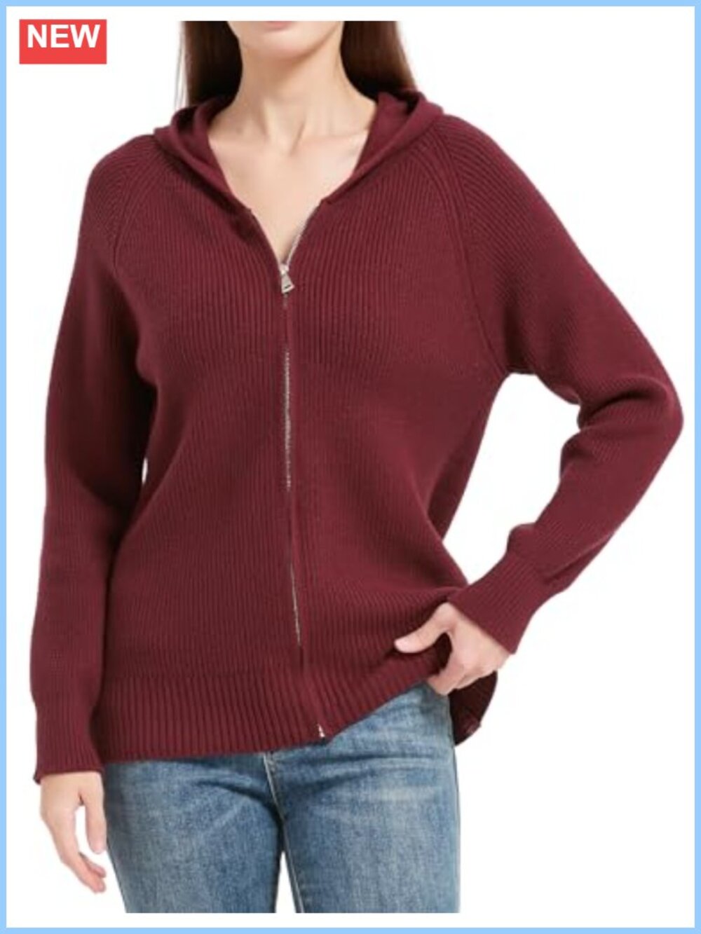 Womens Zip Up Hooded Cardigan Knitted Raglan Sleeve Sweater Jacket Fall Winter